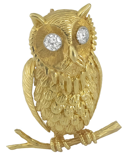 1960s 0.40ct Diamond Gold Owl Pin
