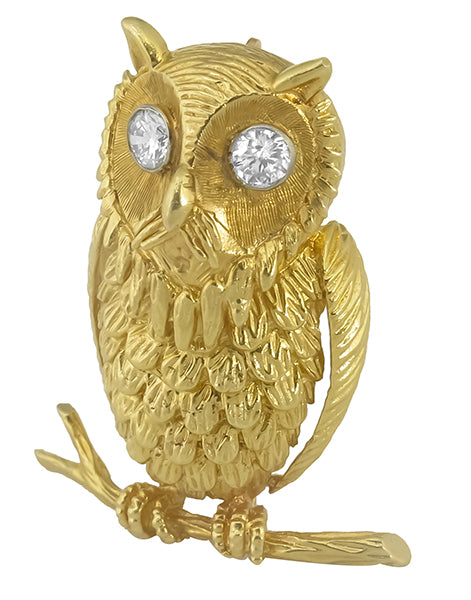 1960s 0.40ct Diamond Gold Owl Pin