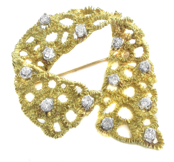 1960s 0.84ct Diamond 18k Yellow Gold Dotted Lace  Pin
