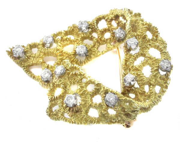 1960s 0.84ct Diamond 18k Yellow Gold Dotted Lace  Pin