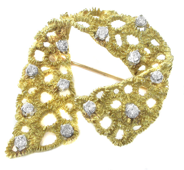 1960s 0.84ct Diamond 18k Yellow Gold Dotted Lace  Pin