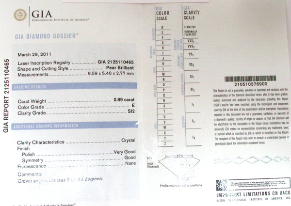 1960s GIA 0.89ct Pear Diamond Platinum Necklace