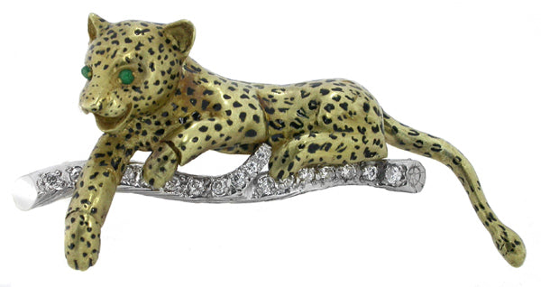 1960s 1.00ct Diamond Enamel 18k Gold Panther Pin