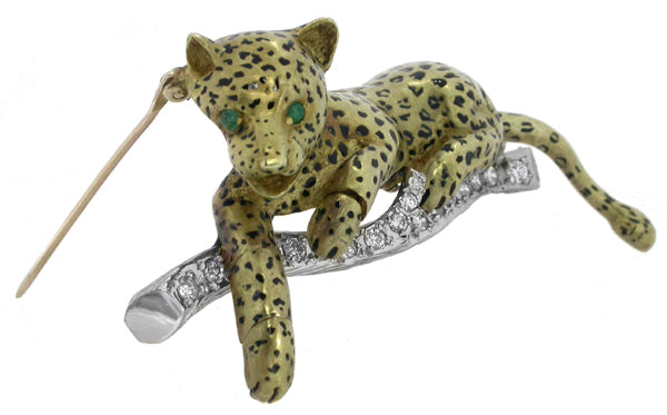 1960s 1.00ct Diamond Enamel 18k Gold Panther Pin
