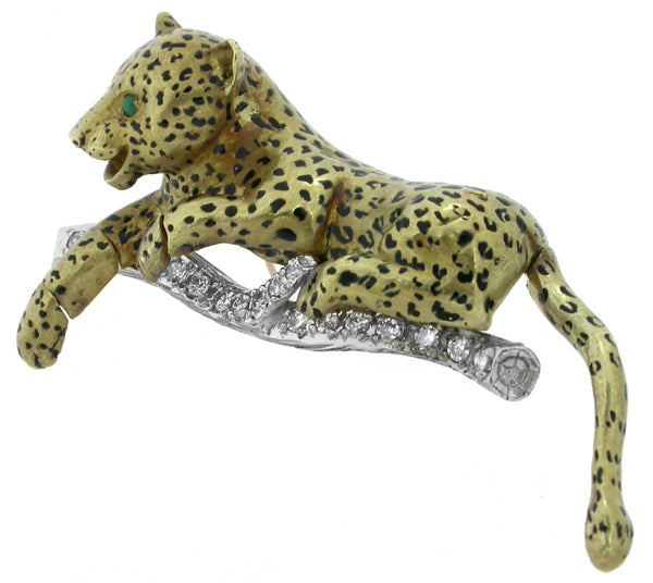 1960s 1.00ct Diamond Enamel 18k Gold Panther Pin