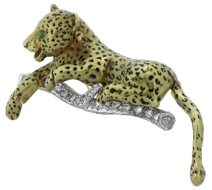1960s 1.00ct Diamond Enamel 18k Gold Panther Pin
