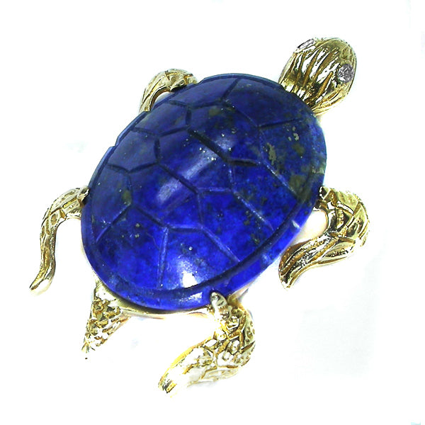 1960s 14k Yellow Gold  Diamond LapisTurtle Pin