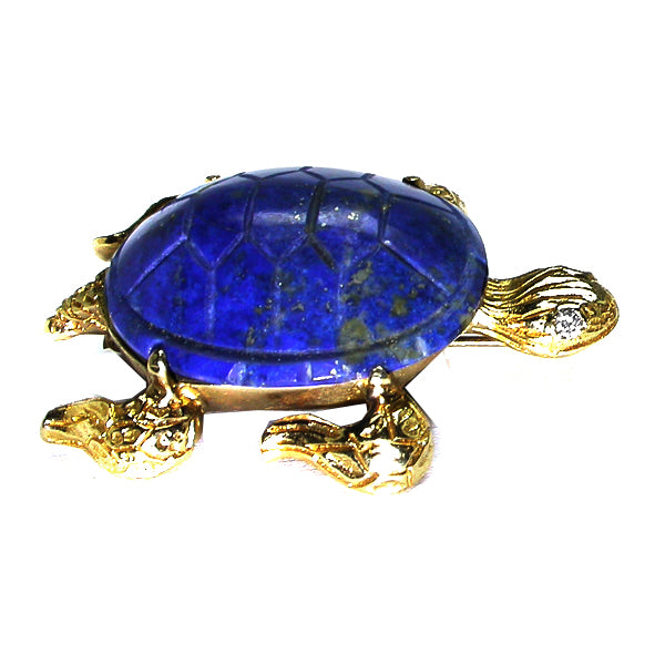 1960s 14k Yellow Gold  Diamond LapisTurtle Pin