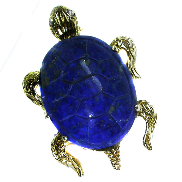 1960s 14k Yellow Gold  Diamond LapisTurtle Pin