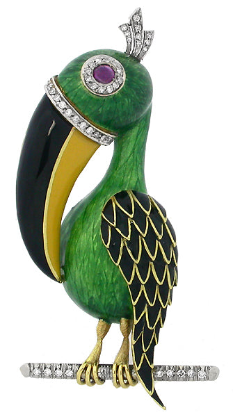 1960s 18k Gold Enamel Diamond Ruby Tucan Pin