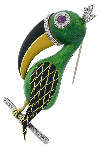1960s 18k Gold Enamel Diamond Ruby Tucan Pin