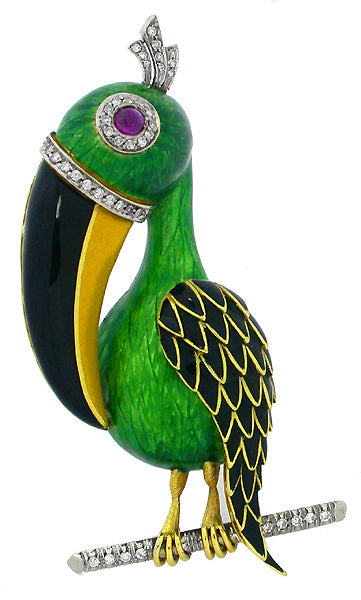 1960s 18k Gold Enamel Diamond Ruby Tucan Pin