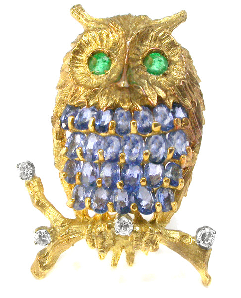 1960s 18k Gold Sapphire, Emerald & Diamond Owl Pin