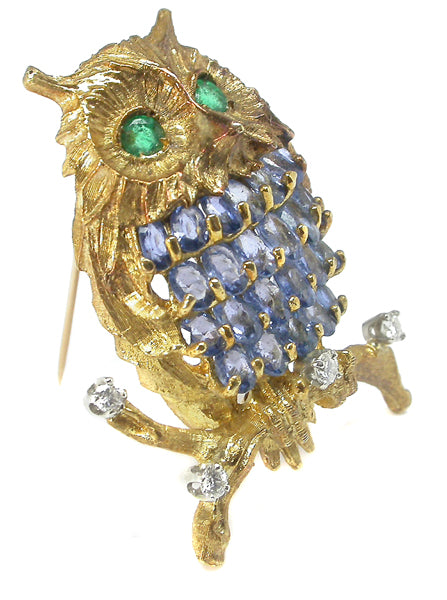 1960s 18k Gold Sapphire, Emerald & Diamond Owl Pin