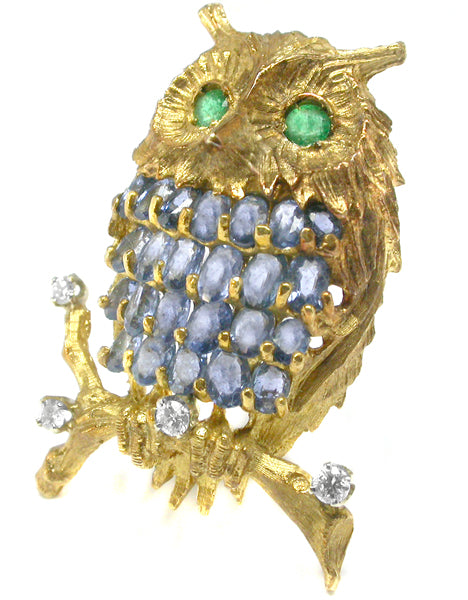 1960s 18k Gold Sapphire, Emerald & Diamond Owl Pin