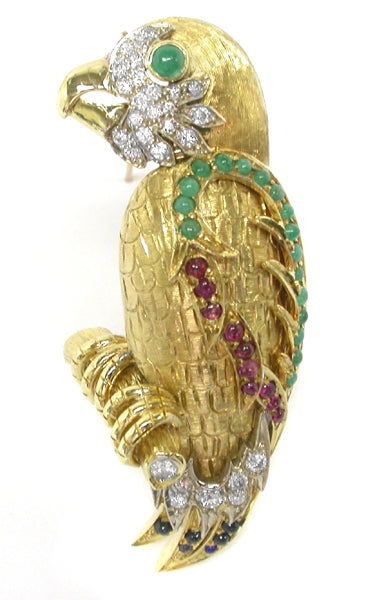 1960s 18k Yellow Gold Diamond Emerald Ruby & Sapphire  Parrot Pin