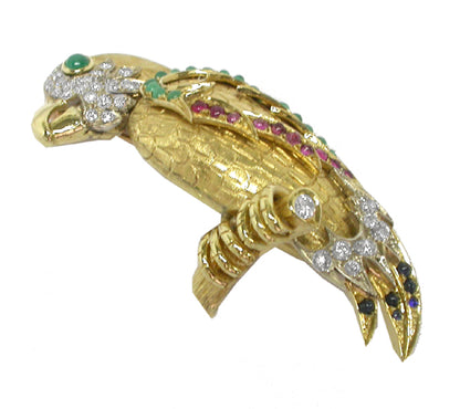 1960s 18k Yellow Gold Diamond Emerald Ruby & Sapphire  Parrot Pin