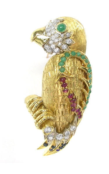 1960s 18k Yellow Gold Diamond Emerald Ruby & Sapphire  Parrot Pin