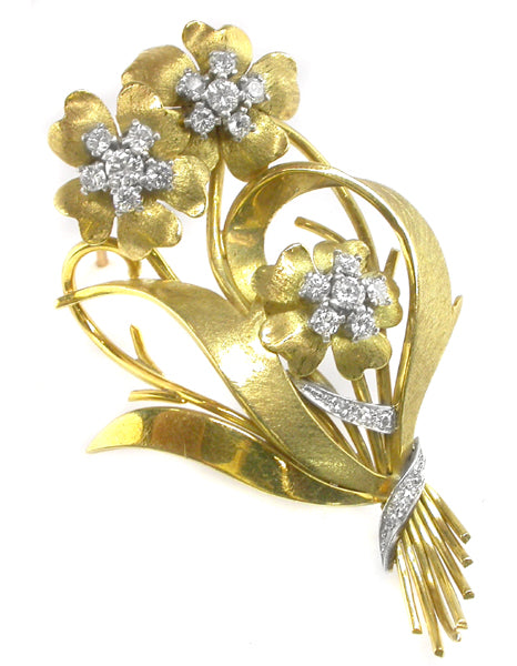 1960s 18k Yellow & White Gold Diamond Floral Bouquet Pin