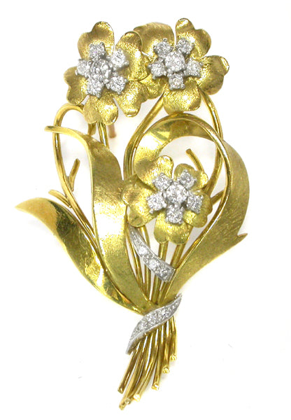 1960s 18k Yellow & White Gold Diamond Floral Bouquet Pin
