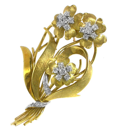 1960s 18k Yellow & White Gold Diamond Floral Bouquet Pin