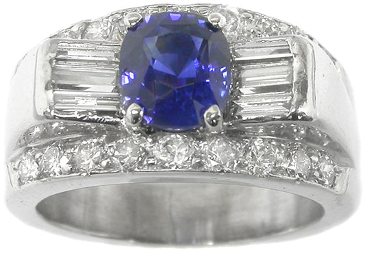 1960s 1.95ct Cushion Cut  Sapphire Diamond 14k White Gold Ring