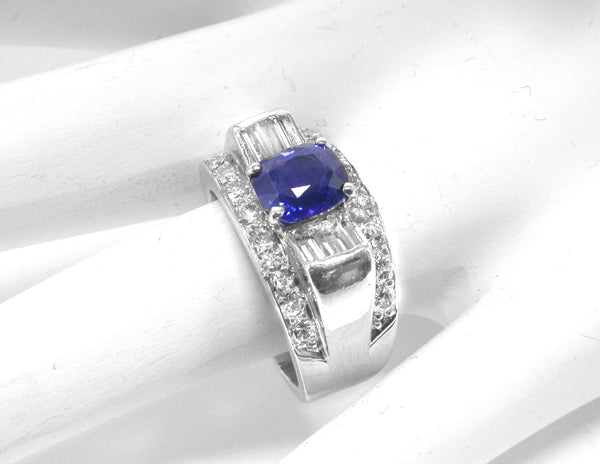 1960s 1.95ct Cushion Cut  Sapphire Diamond 14k White Gold Ring