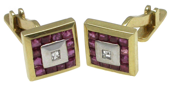 1960s 1ct Ruby Diamond 18k Yellow Gold Platinum  Cufflinks