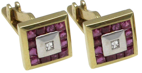 1960s 1ct Ruby Diamond 18k Yellow Gold Platinum  Cufflinks