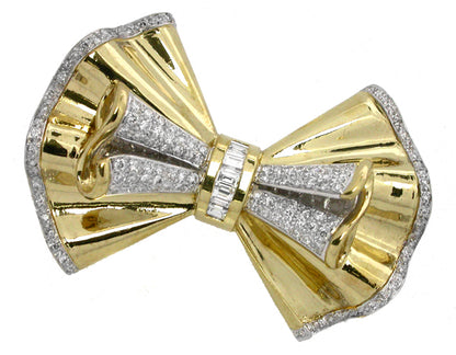 1960s 2.10ct Diamond 18k Yellow Gold Bow Pin