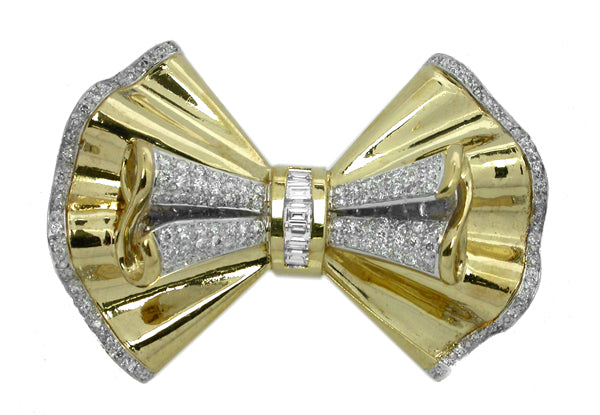 1960s 2.10ct Diamond 18k Yellow Gold Bow Pin