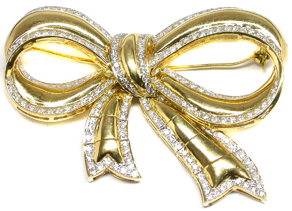 1960s 2.20ct Diamond 14k Yellow Gold Bow Pin