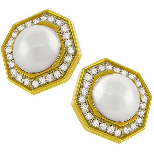 1960s 2.40ct Round Cut Diamond Mabe Pearl 18k Yellow Gold Earrings