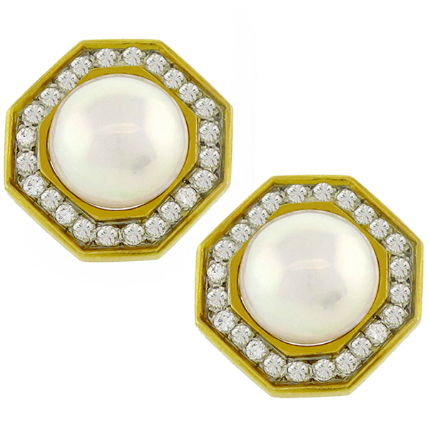 1960s 2.40ct Round Cut Diamond Mabe Pearl 18k Yellow Gold Earrings