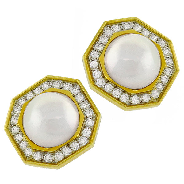 1960s 2.40ct Round Cut Diamond Mabe Pearl 18k Yellow Gold Earrings