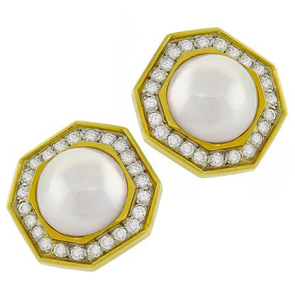 1960s 2.40ct Round Cut Diamond Mabe Pearl 18k Yellow Gold Earrings
