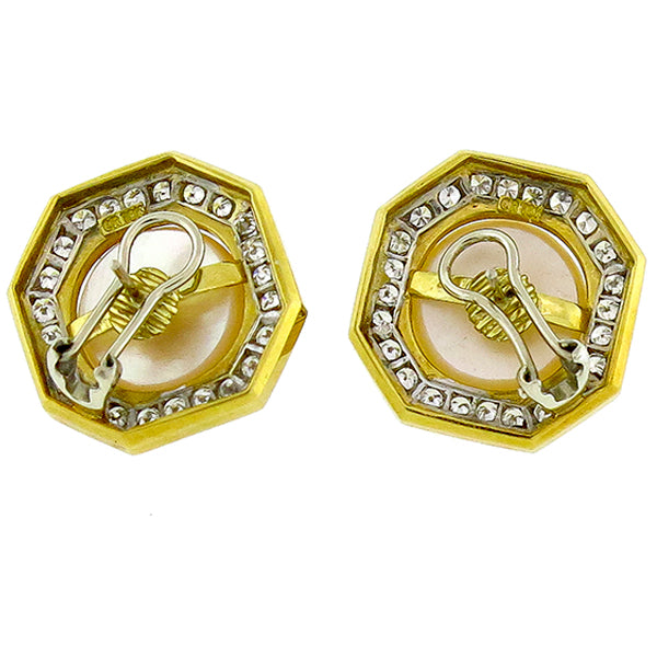 1960s 2.40ct Round Cut Diamond Mabe Pearl 18k Yellow Gold Earrings