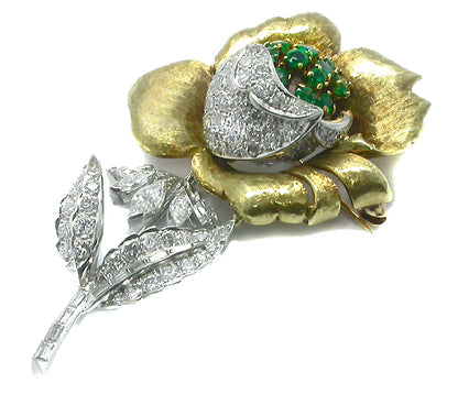 1960s 3.50ct Diamond Emerald Rose Pin