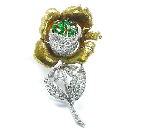 1960s 3.50ct Diamond Emerald Rose Pin