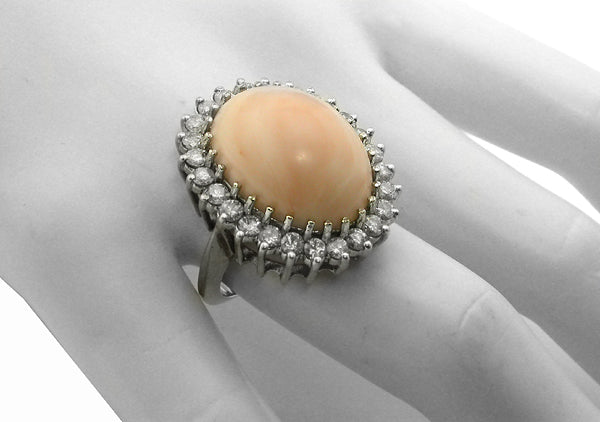 1960's Angel Coral Diamond 14k White Gold Ring