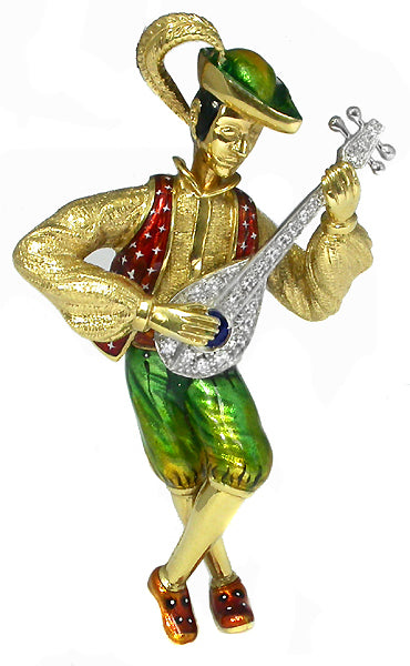1960's Banjo Player 18K Gold Enamel Diamond Sapphire Pin