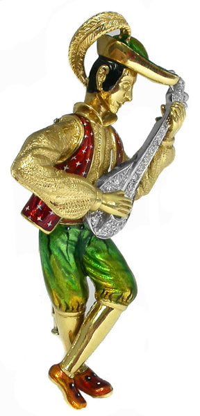 1960's Banjo Player 18K Gold Enamel Diamond Sapphire Pin