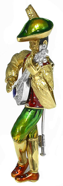 1960's Banjo Player 18K Gold Enamel Diamond Sapphire Pin
