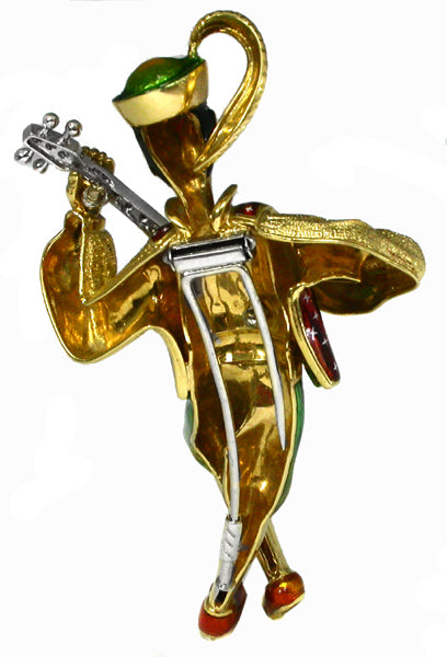 1960's Banjo Player 18K Gold Enamel Diamond Sapphire Pin