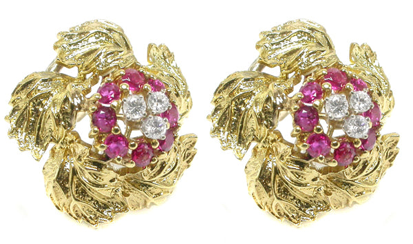 1960s Diamond 1.28ct Rubies 18k Yellow Gold Foliage Earrings