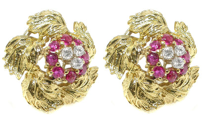 1960s Diamond 1.28ct Rubies 18k Yellow Gold Foliage Earrings