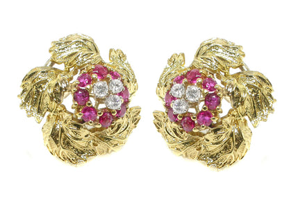 1960s Diamond 1.28ct Rubies 18k Yellow Gold Foliage Earrings