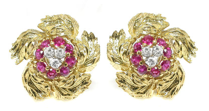 1960s Diamond 1.28ct Rubies 18k Yellow Gold Foliage Earrings
