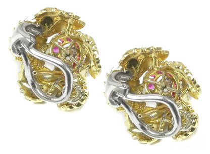 1960s Diamond 1.28ct Rubies 18k Yellow Gold Foliage Earrings