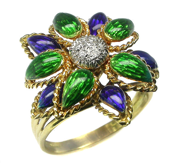 1960s Diamond Blue and Green Enamel 18k Yellow Gold Flower  Ring